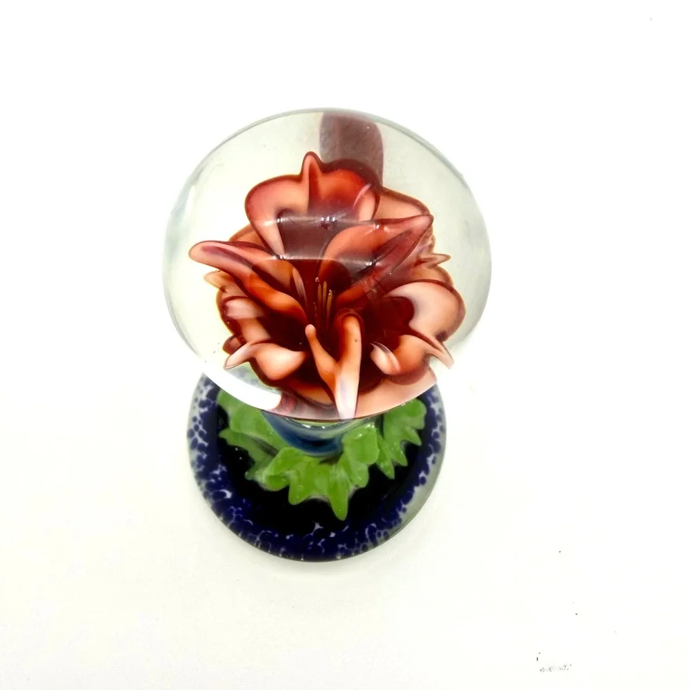 Artisan Glass Paperweight Red Lampwork Flower Green‎ Ruffled Base Blue Speckled